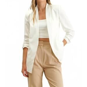 NEW THE WORKSHOP STUDIO collarless quarter ruched sleeve longline blazer in whit